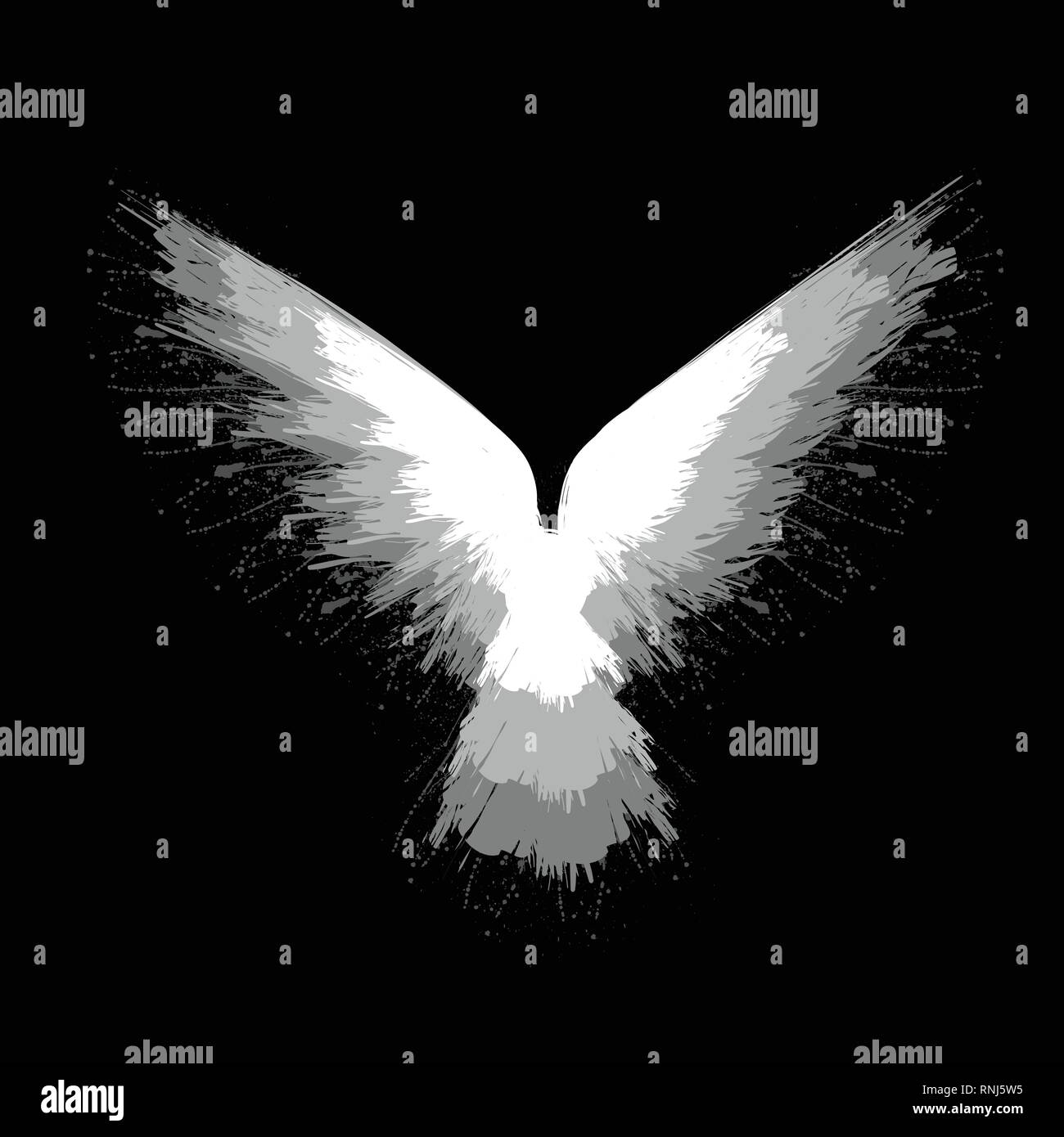 Bianco uccello grunge silhouette con schizzi di inchiostro isolati su sfondo nero Illustrazione Vettoriale