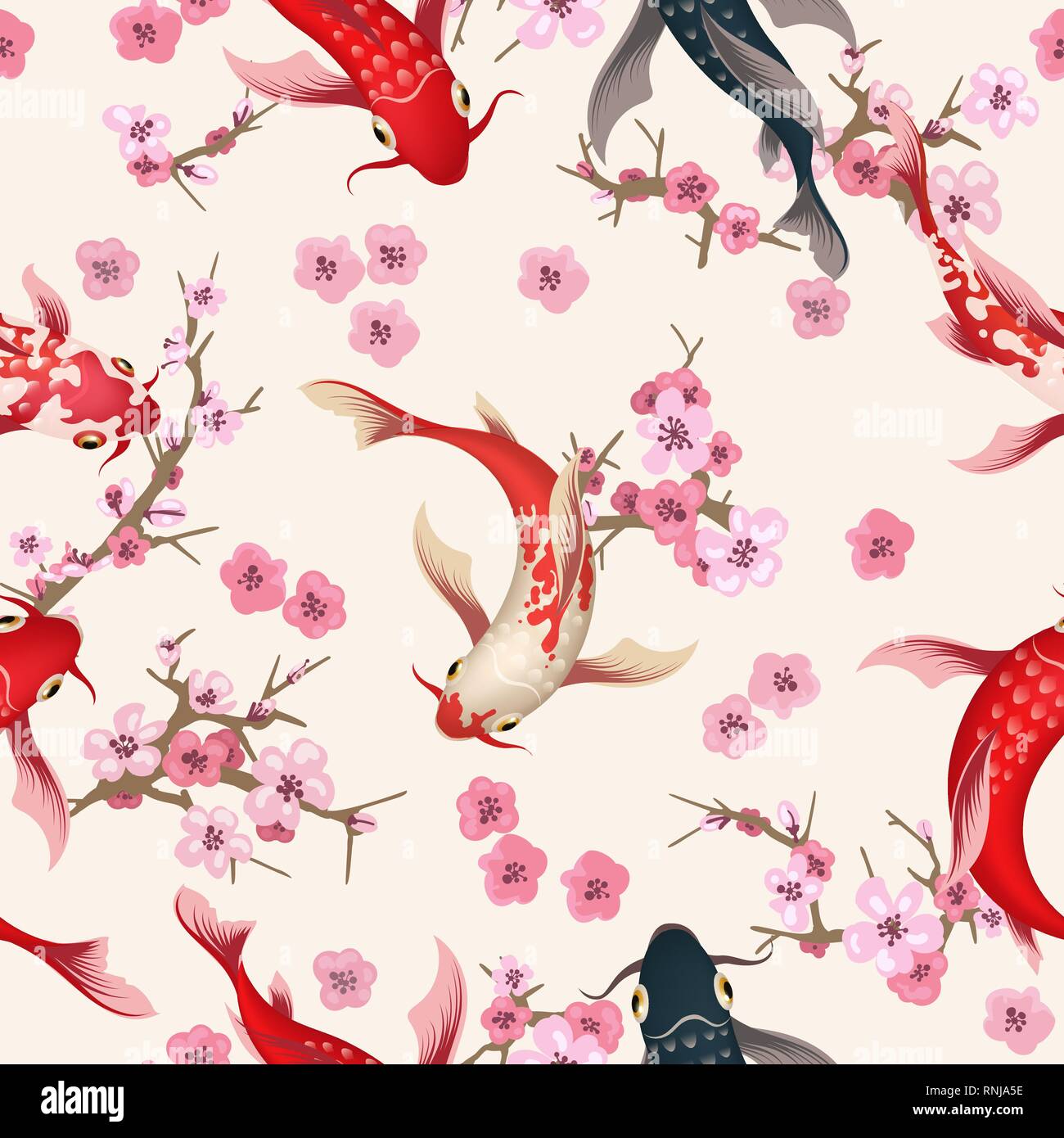 Giardino koi pattern. Oriental china garden con molla sakura, asiatico pesci koi vettore arte natura sfondo, giapponese texture senza giunture Illustrazione Vettoriale