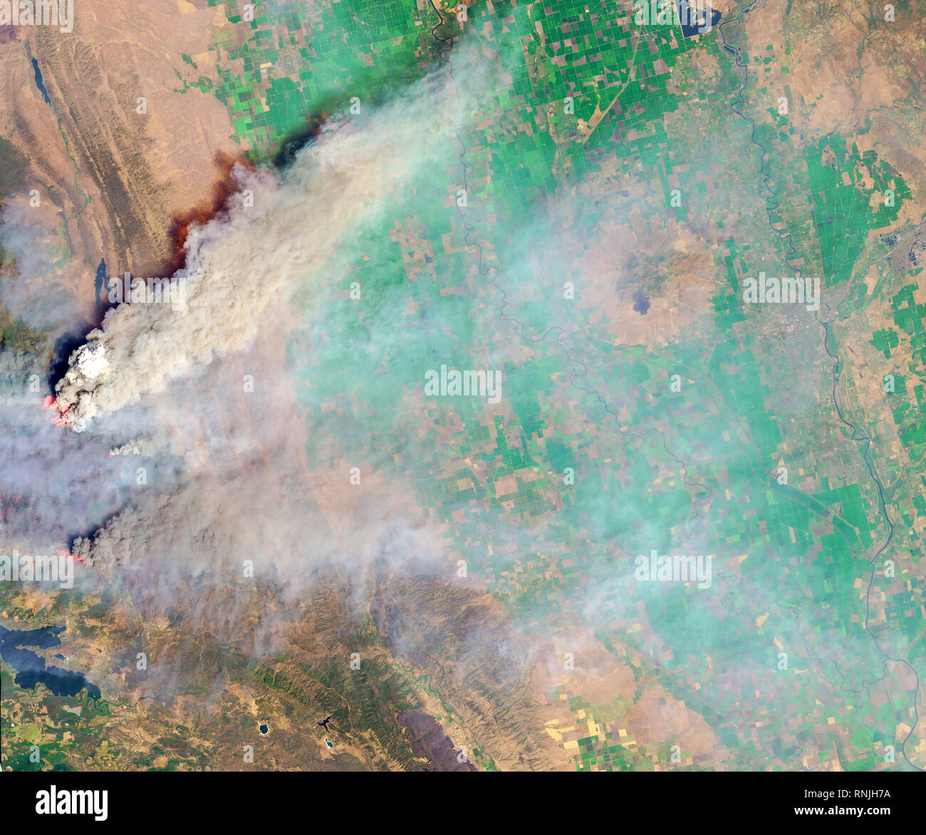 Il 6 agosto 2018, la terra operative imager (OLI) sul satellite Landsat 8 cattura un'immagine (in alto) di una densa colonna di fumo sormontato da un cloud pyrocumulus uovere Foto Stock
