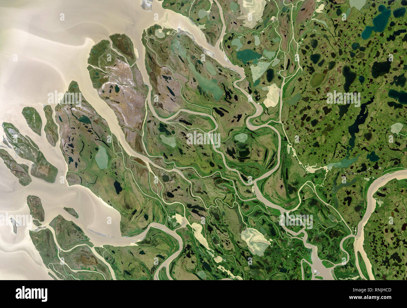 Vista satellitare di Mackenzie affluenti del fiume in Canada Foto Stock