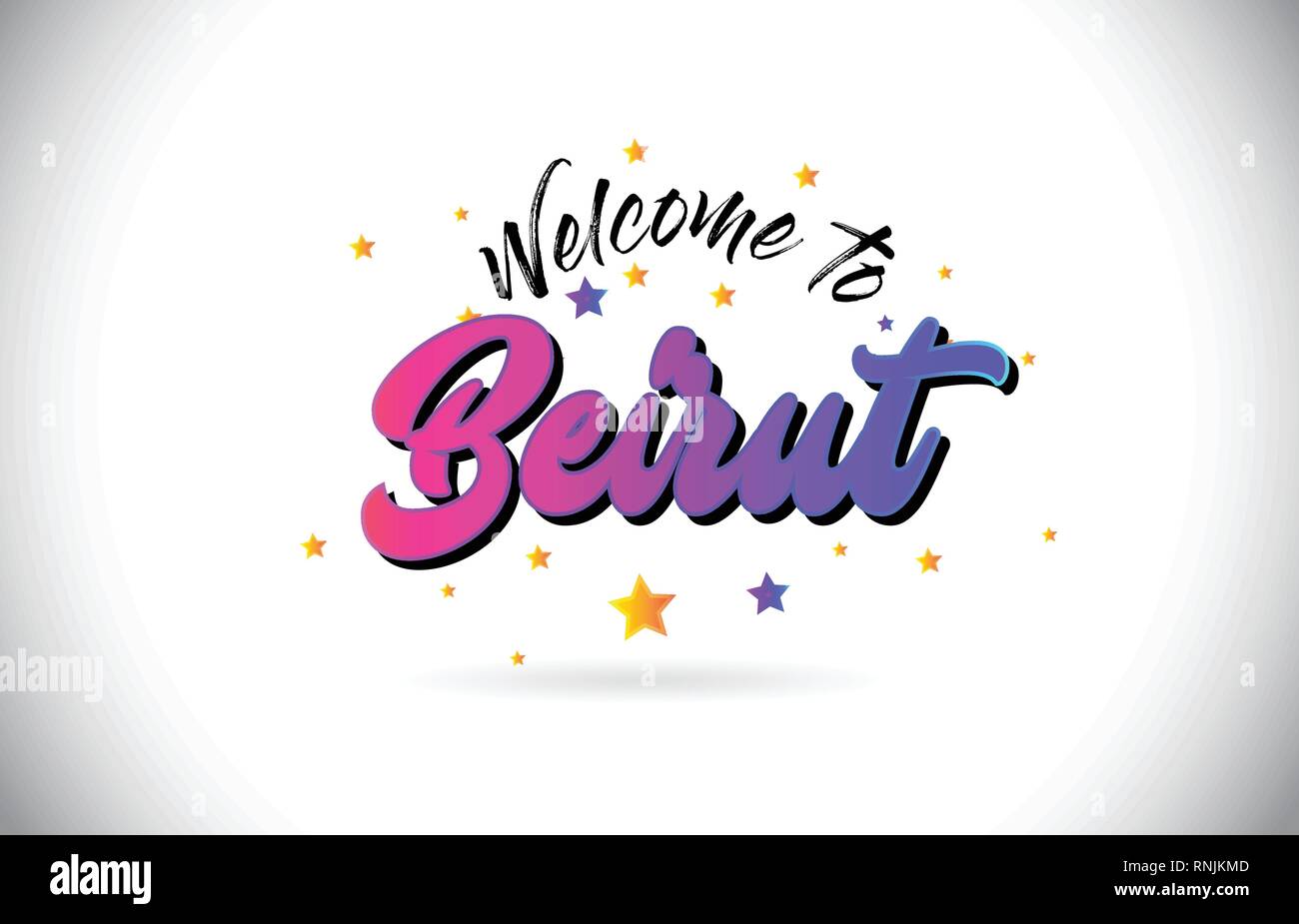 Beirut Benvenuti alla parola del testo con Viola Rosa Font manoscritta e stelle gialle che forma il vettore Design Illusration. Illustrazione Vettoriale