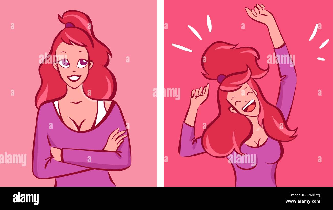 Redhead donna con la coda di cavallo si sente la calma e quindi molto felice, illustrazioni vettoriali Illustrazione Vettoriale