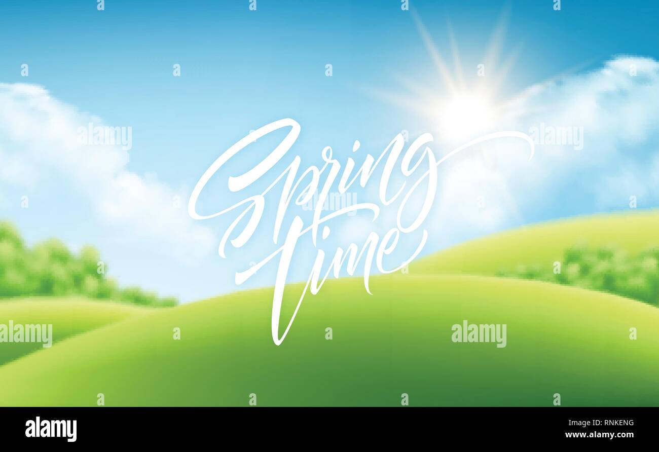 Tempo di primavera erba verde sullo sfondo del paesaggio con la scrittura di scritte. Illustrazione vettoriale EPS10 Illustrazione Vettoriale