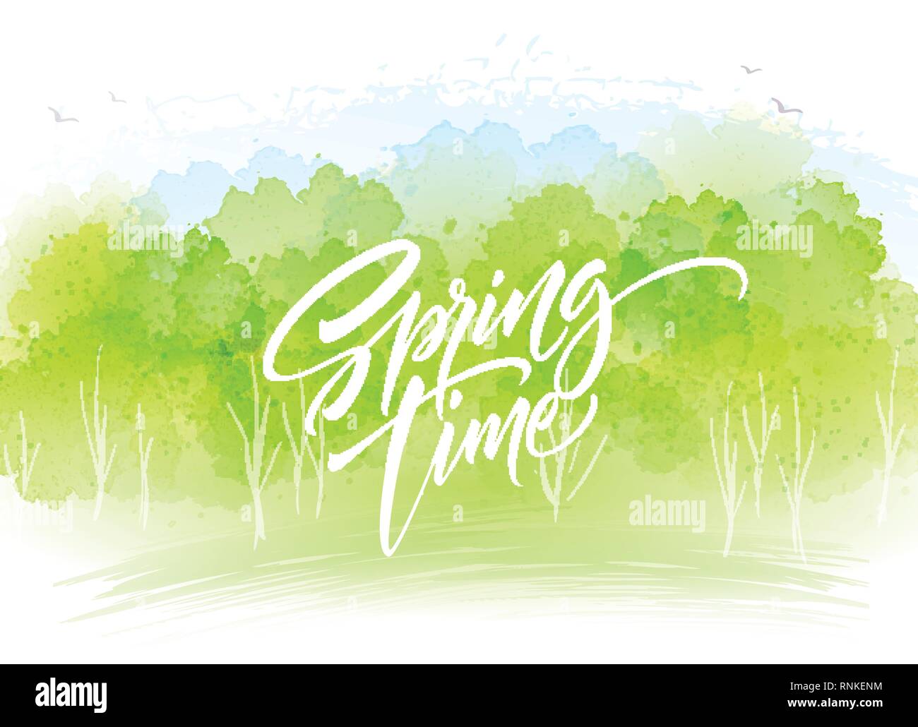Acquerello paesaggio sfondo con il tempo primaverile di scritte. Illustrazione Vettoriale Illustrazione Vettoriale