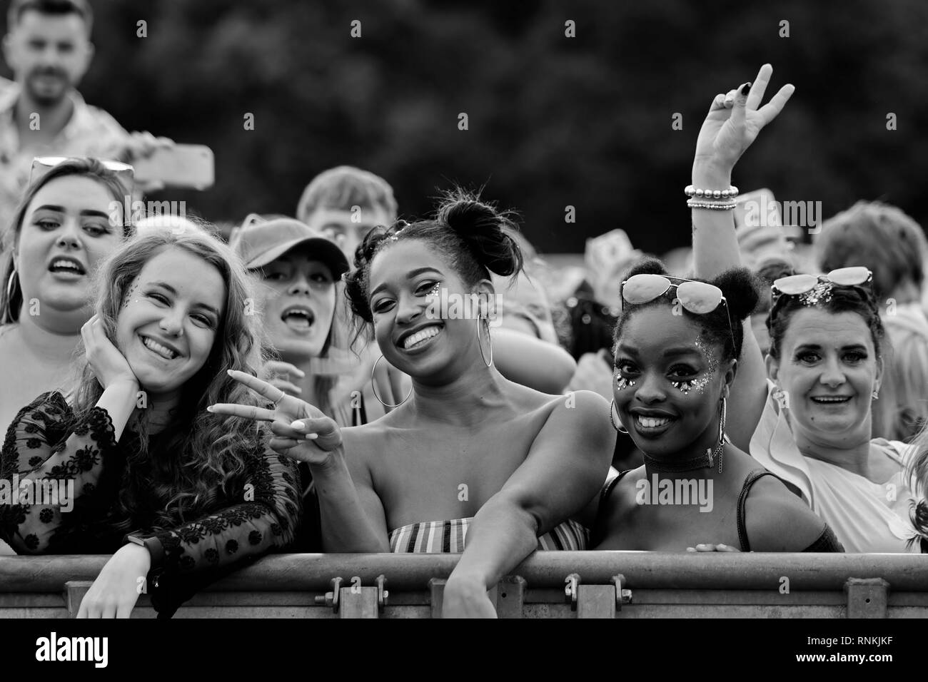 Immagine in bianco e nero di giovani in mezzo alla folla godendo la musica al 2018 Liverpool International Music Festival di Sefton Park Liverpool Regno Unito. Foto Stock