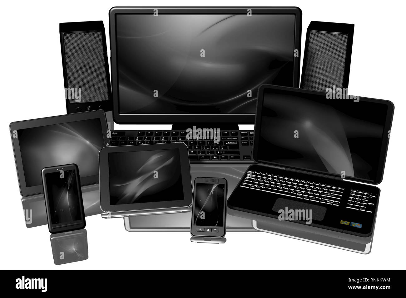 Apparecchiature per computer: computer, laptop, smartphone, compresse.3D'illustrazione. Foto Stock