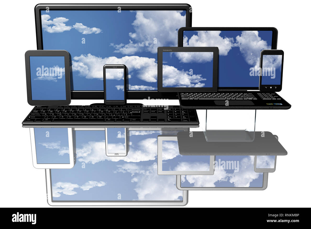 Computer, computer con in sottofondo e sullo schermo il cielo blu. 3D'illustrazione. Foto Stock