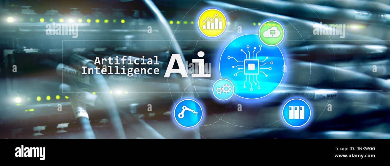 Intelligenza artificiale hi-tech tecnologie business concetto. Futuristica sala server sfondo. AI Foto Stock