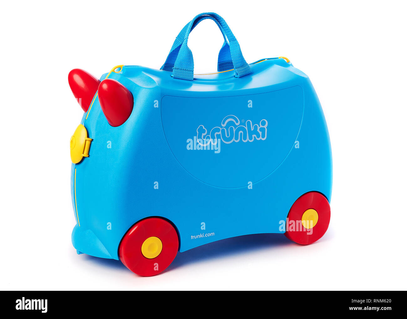 Trunki blu, bambini bagagli, shot su bianco Foto Stock