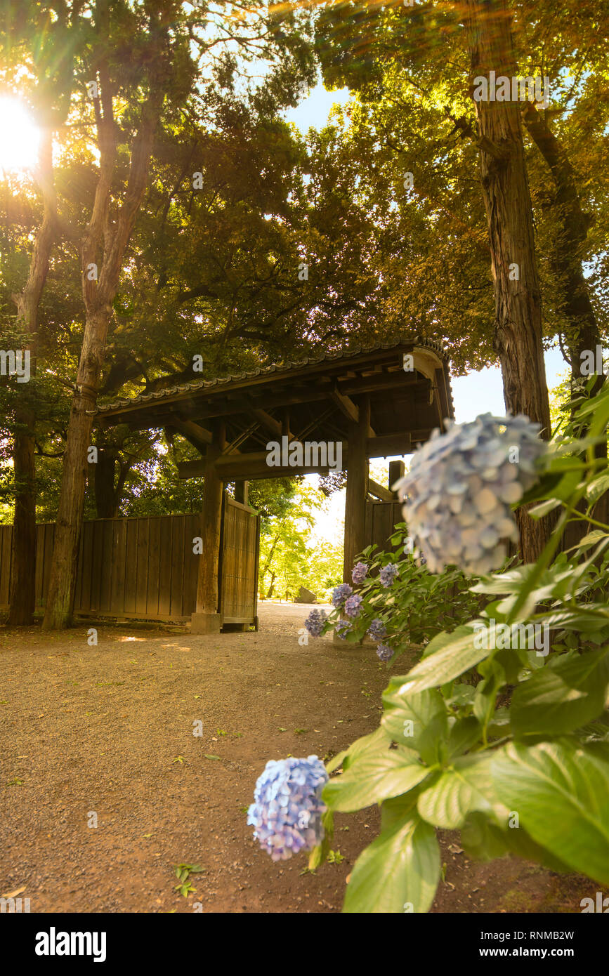 Giardino Rikugien la porta per interni in Tokyo in legno e piastrelle di stile molto semplice che riflette il modo di vita dei guerrieri che crea questo giardino Foto Stock