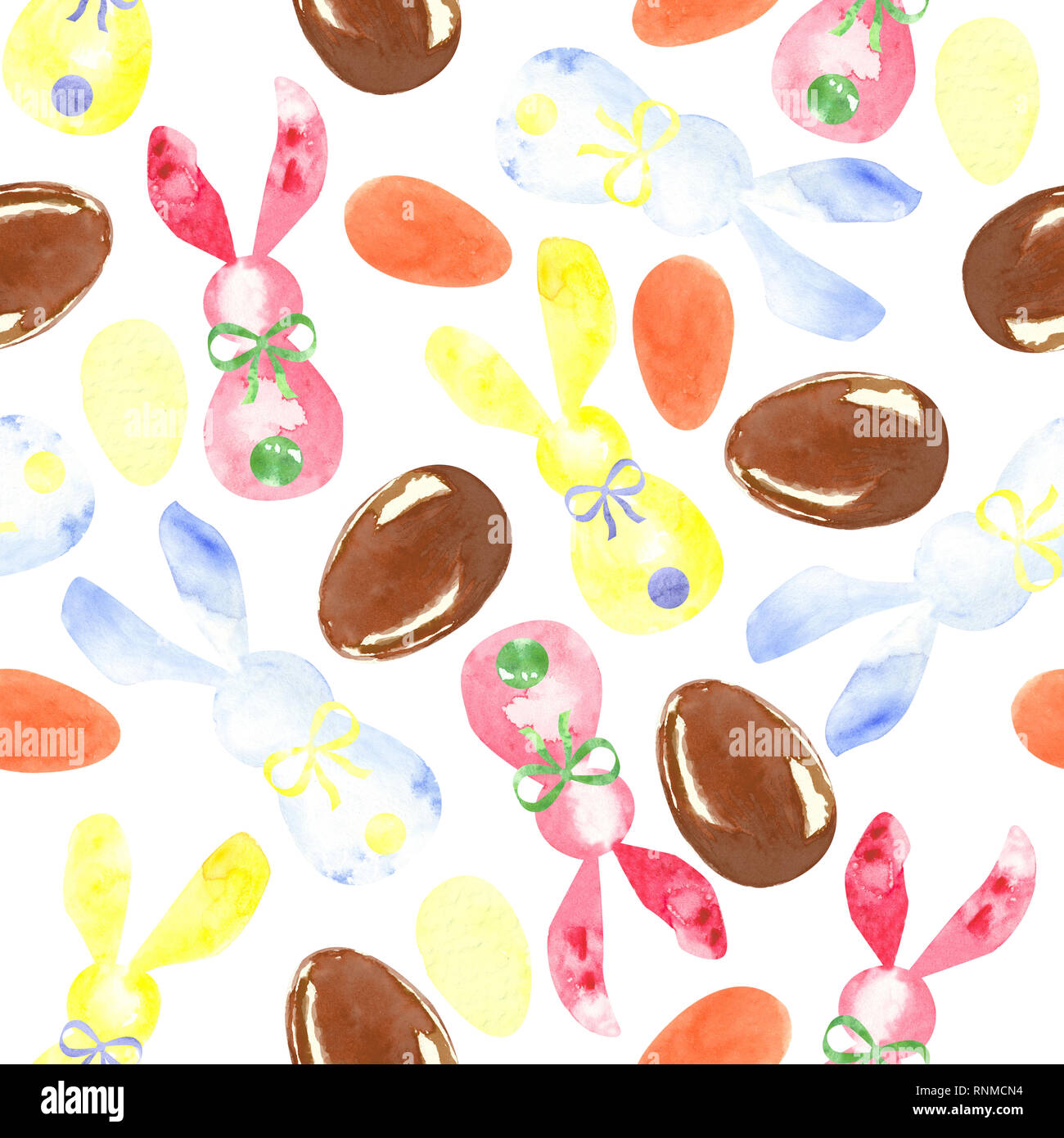 Seamless pattern di pasqua con uova di cioccolato, coniglietti e Jelly Beans Foto Stock