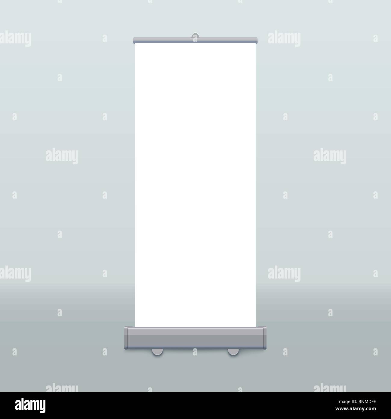 Roll up banner isolato. Vettore display vuoto mockup di presentazione o di esposizione prodotto. Vertical Blank Roll up stand modello. Illustrazione Vettoriale