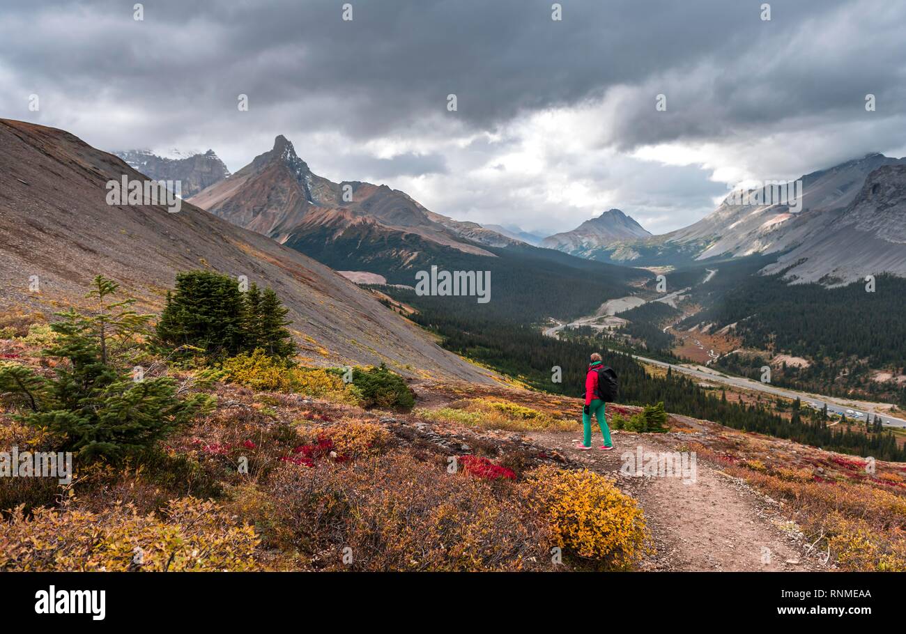 Vista di Mount Athabasca e Hilda picco in autunno, escursionista sul sentiero in cresta Parker, Jasper National Park PARCO NAZIONALE, Canadian Rocky Mounta Foto Stock