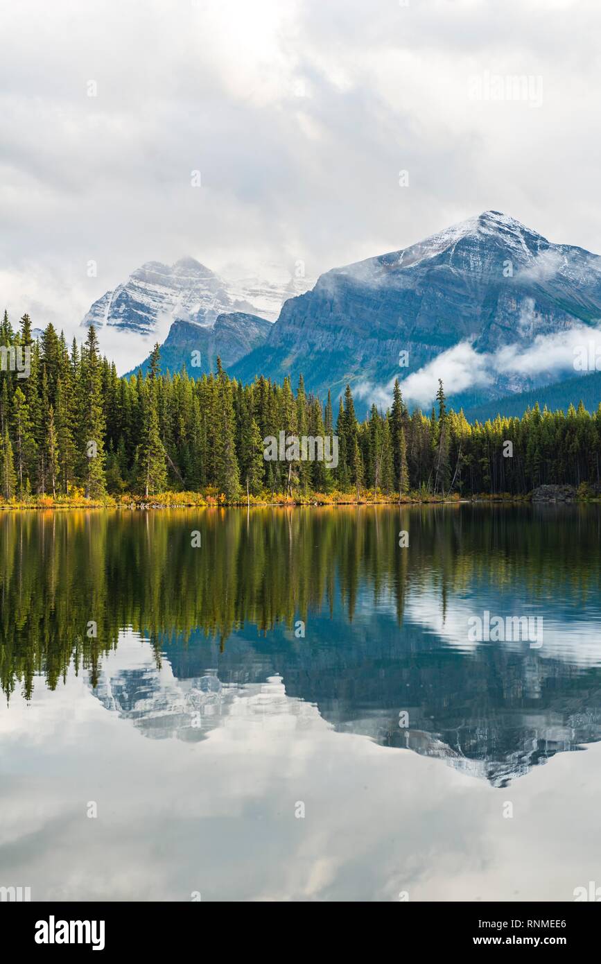 Herbert, lago con la riflessione della gamma di prua, il Parco Nazionale di Banff, Canadian Rocky Mountains, Alberta, Canada, America del Nord Foto Stock