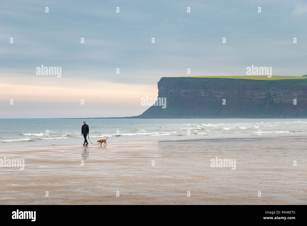 Dog walker sulla spiaggia di cambs, North Yorkshire, Inghilterra Foto Stock