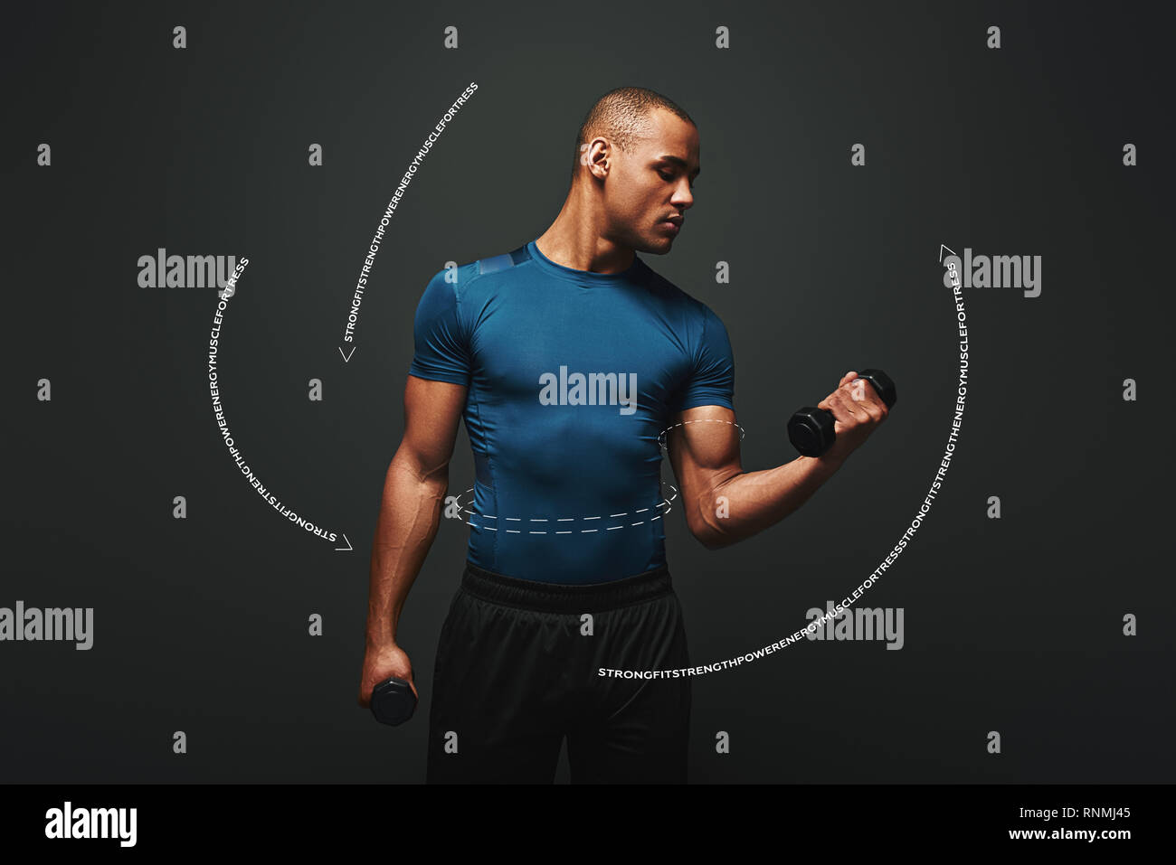 Sport, bodybuilding e fitness e il concetto di popolo. Uomo con manubri muscoli di flessione su sfondo scuro. Disegno grafico. Foto Stock