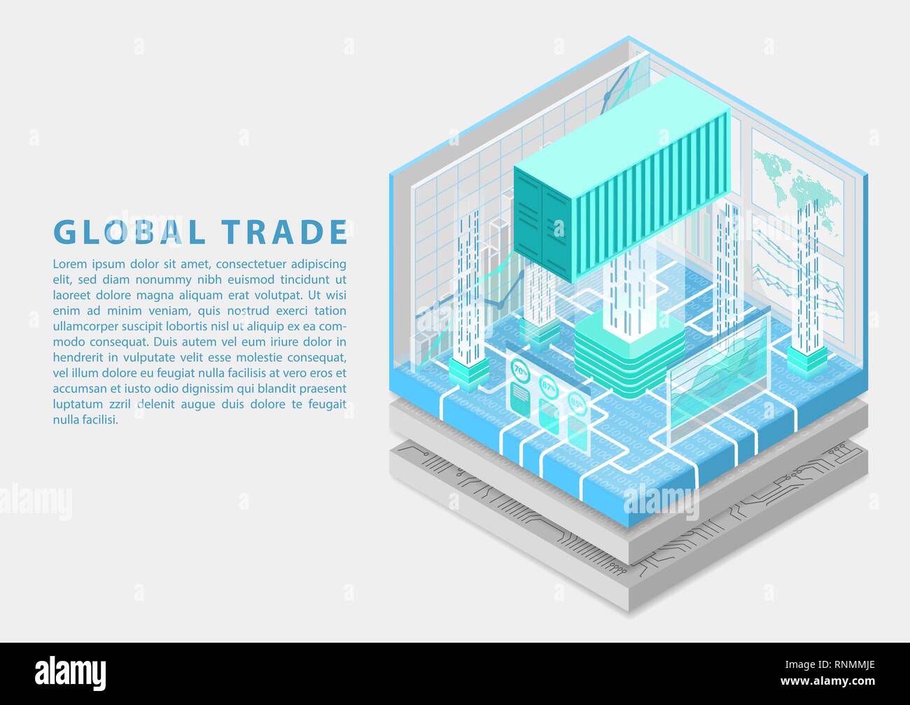 Digitale globale del concetto di commercio collegato con il contenitore di spedizione e analytics dashboard come isometrica illustrazione vettoriale Illustrazione Vettoriale