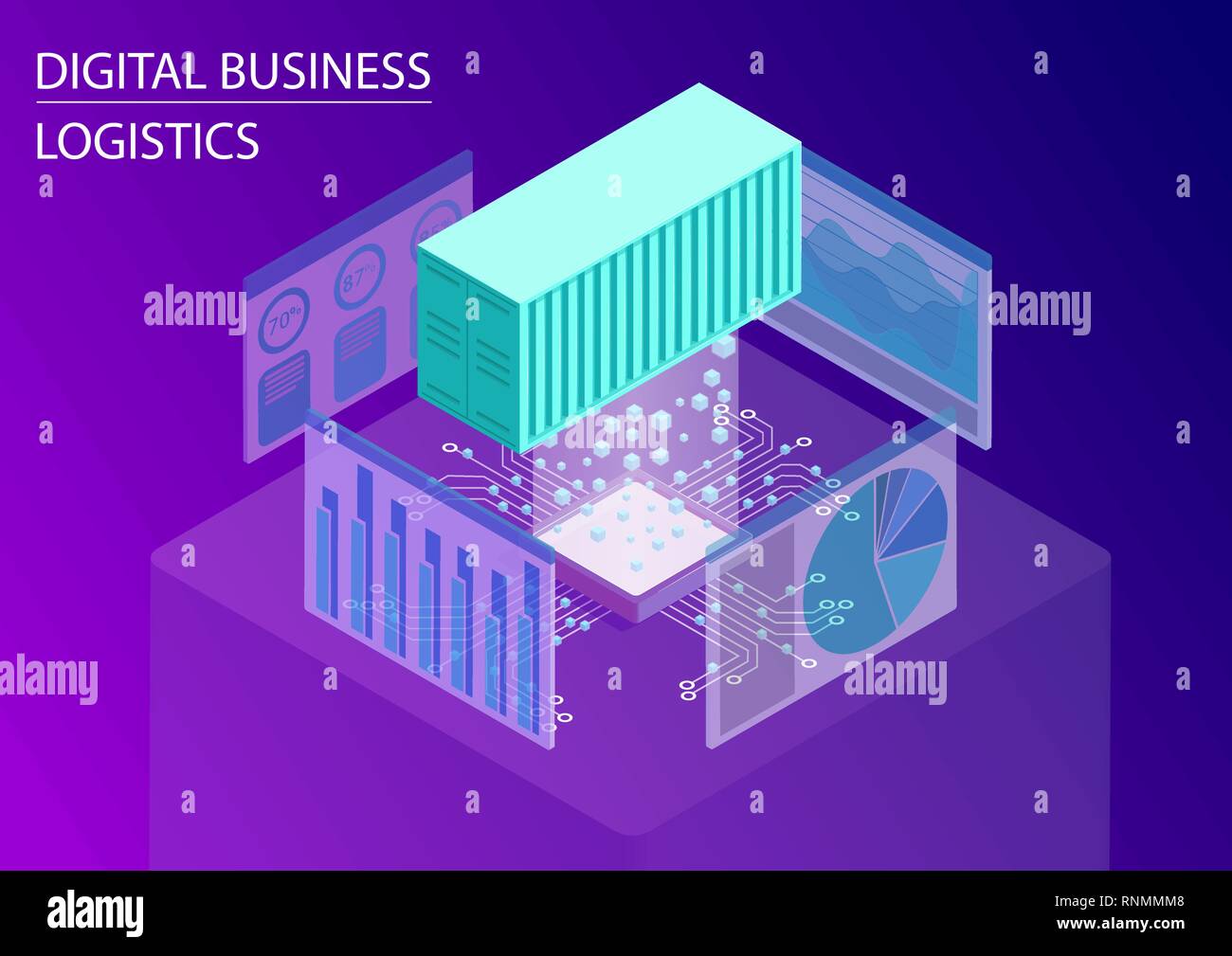 Business digitale il concetto di logistica. 3D isometrica illustrazione vettoriale con galleggianti di contenitore di spedizione per il commercio globale di analisi e dashboard Illustrazione Vettoriale