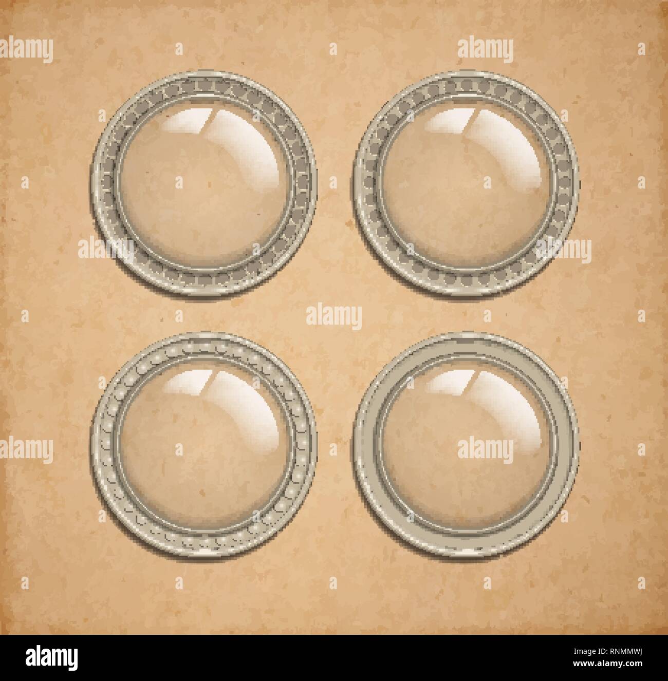 Set di vettore trasparenti di vetro pulsante nel telaio di metallo, round illuminatore icona come elemento per il web, interfaccia di gioco e steampunk scrapbooking composizioni Illustrazione Vettoriale
