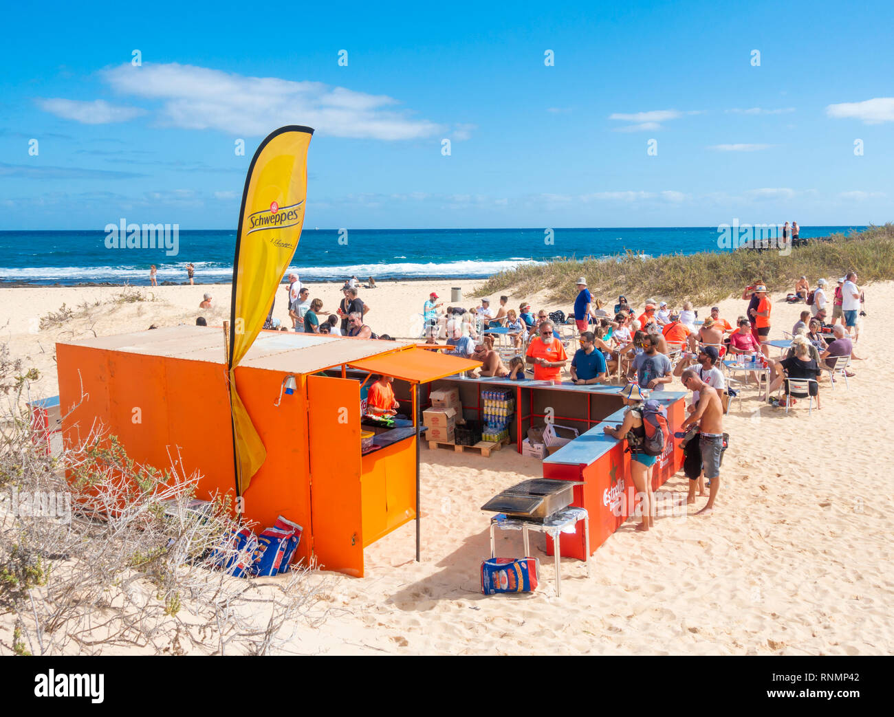 Il Beach bar su El Burro spiaggia Corralejo Isole Canarie Spagna Foto Stock