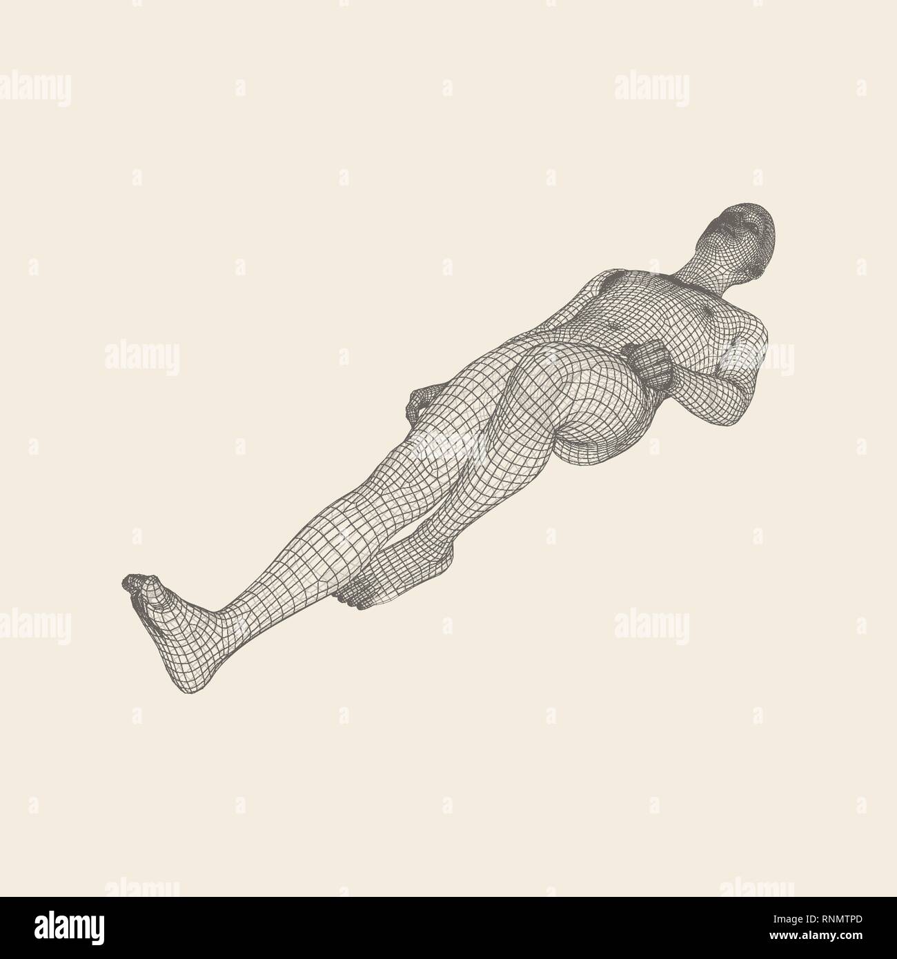 L uomo è sdraiato sul pavimento. Il tempo per rilassarsi. L'uomo rilassarsi e sognare. 3D il corpo umano modello. Illustrazione Vettoriale. Illustrazione Vettoriale