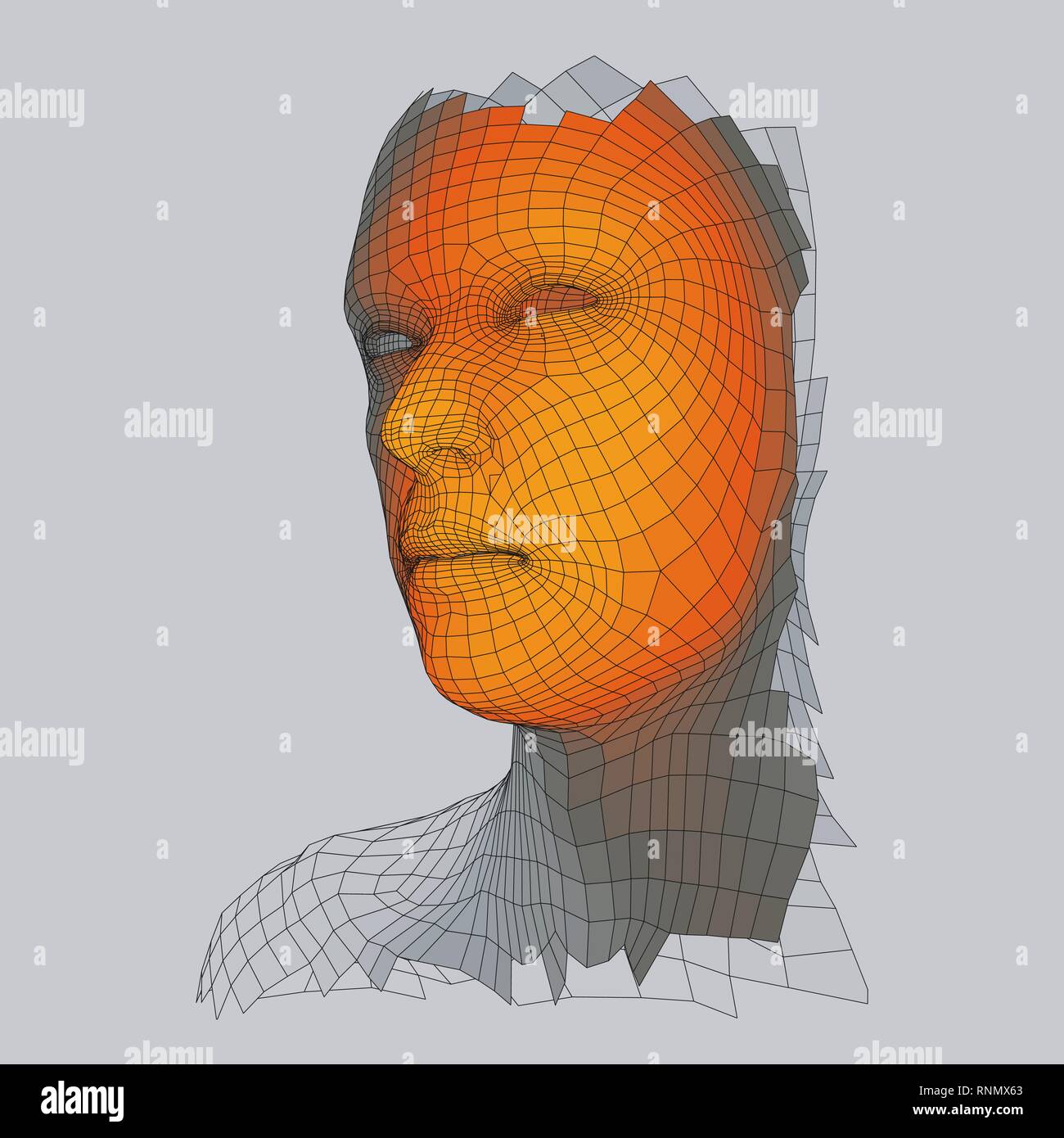 Testa della persona da una griglia 3d. Testa umana Modello di filo. Faccia la scansione. Vista della testa umana. 3D faccia geometrico Design. Copertura poligonale della pelle. Vettore Illustrazione Vettoriale