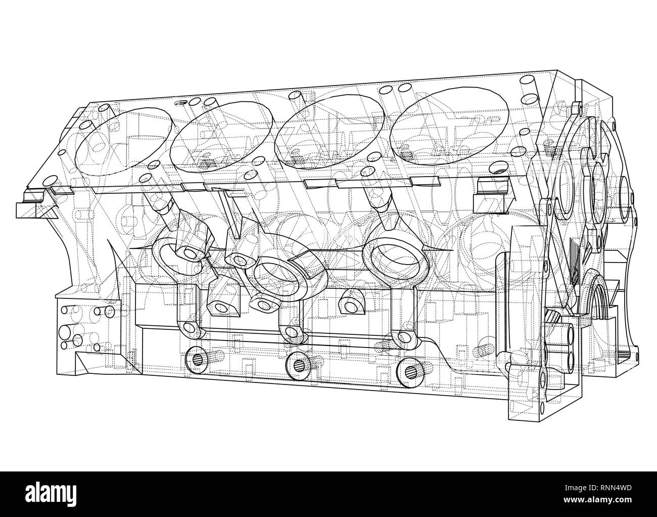 Blocco motore sketch. Vettore di rendering 3D Illustrazione Vettoriale