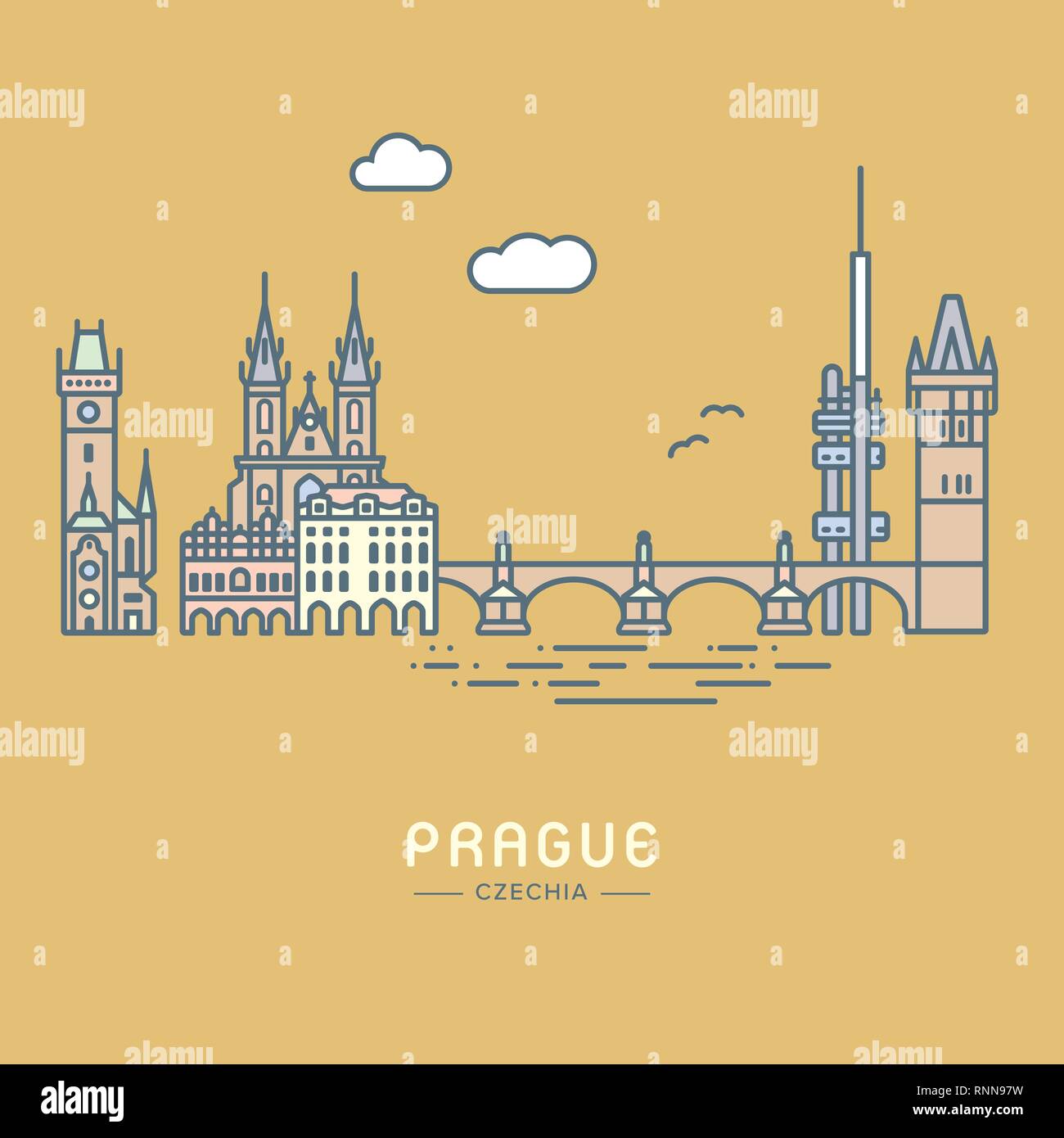 Color pastello linea stile icona del paesaggio urbano di Praga e i punti di riferimento piatta illustrazione vettoriale Illustrazione Vettoriale