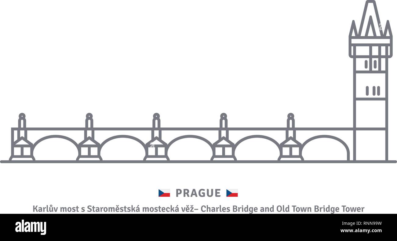 Cechia landmark icona linea. Il Ponte Carlo con la torre del ponte della Città Vecchia e bandiera Ceca illustrazione vettoriale. Illustrazione Vettoriale