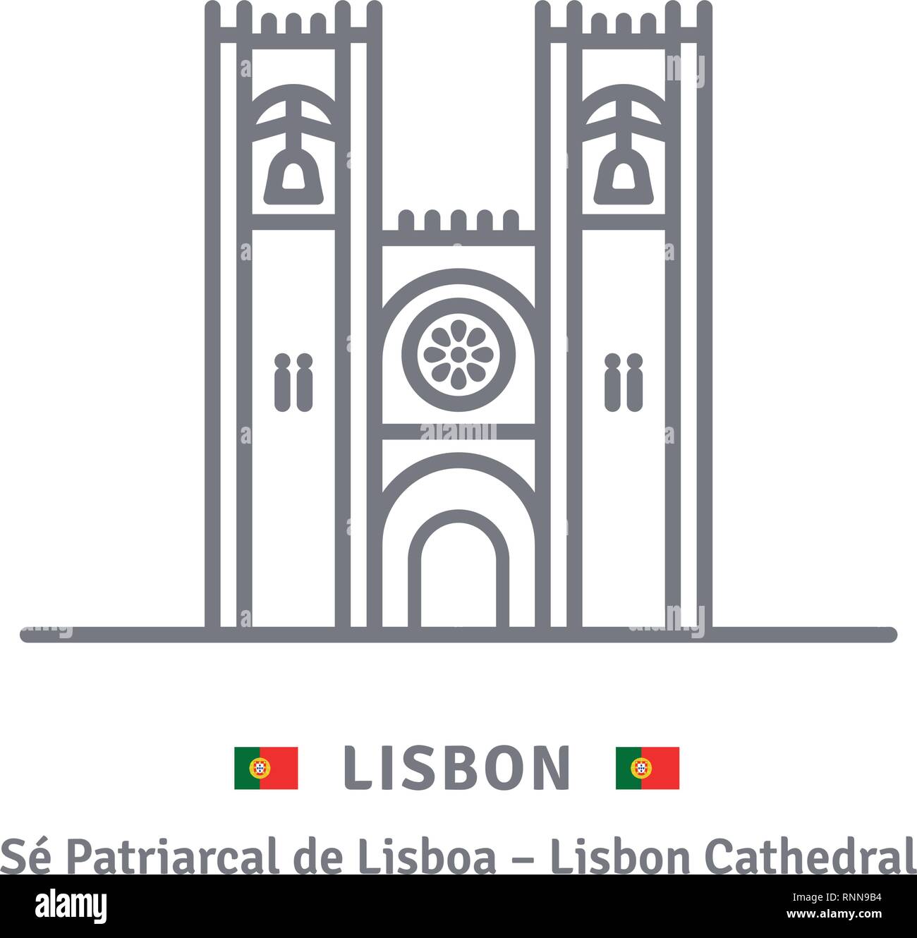 Il Portogallo landmark icona linea. La Cattedrale di Lisbona e bandiera portoghese illustrazione vettoriale. Illustrazione Vettoriale