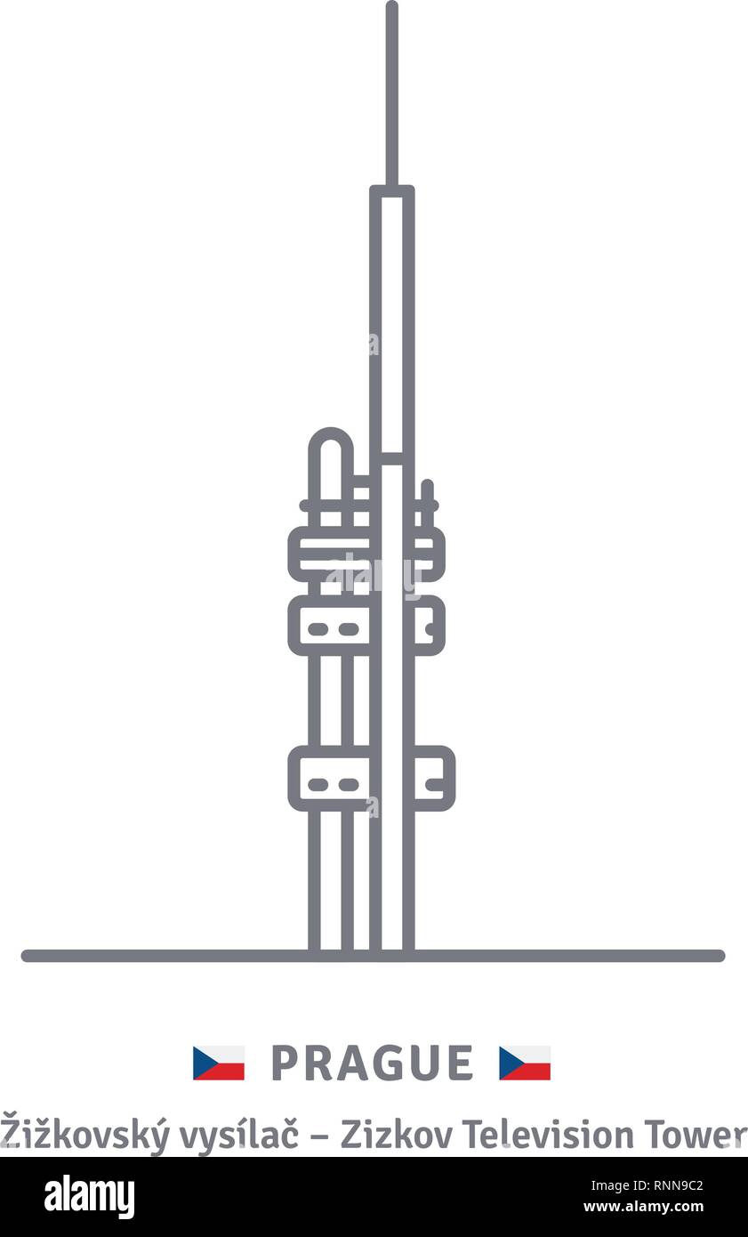 Cechia landmark icona linea. Zizkov torre della televisione e bandiera Ceca illustrazione vettoriale. Illustrazione Vettoriale