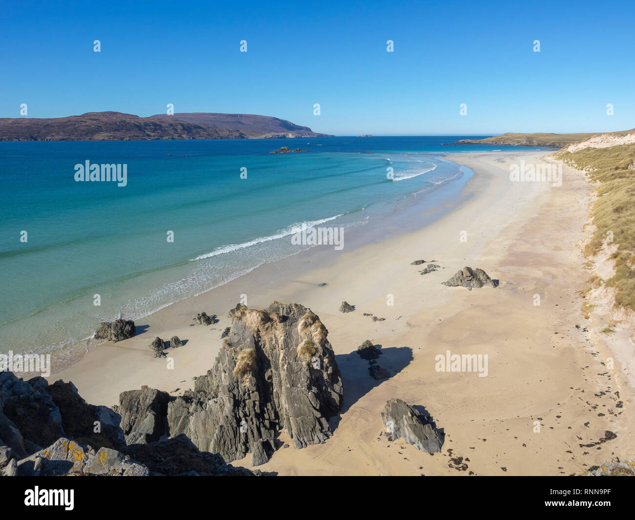 La spiaggia e le dune a un Fharaid, Balnakeil Bay vicino a Durness, Sutherland, Scozia Foto Stock