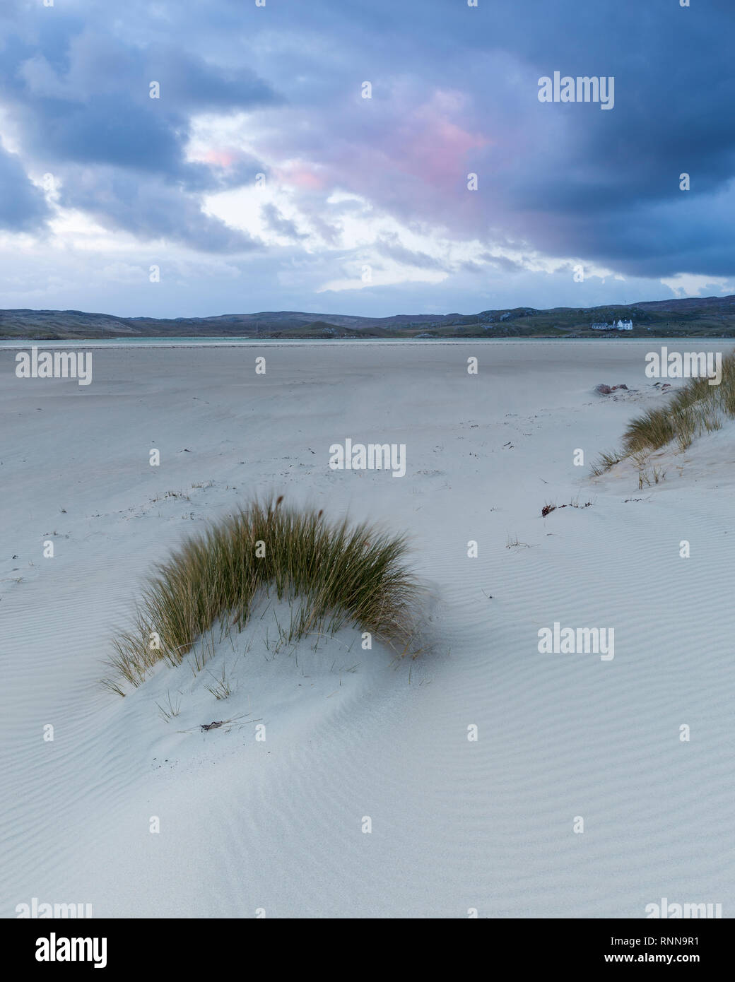 Una serata di vento sulle dune a Uig Sands, Ardroil, isola di Lewis, Scozia Foto Stock