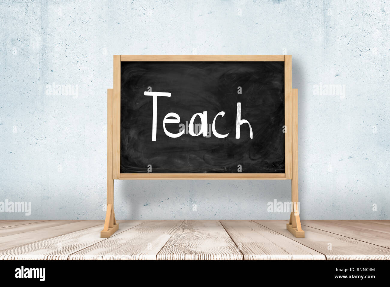 3D rendering di scuola lavagna con 'apprendimento' segno di gesso bianco sul pavimento in legno e muro bianco sullo sfondo. Oggetti e materiali. Arredo scolastico. Te Foto Stock