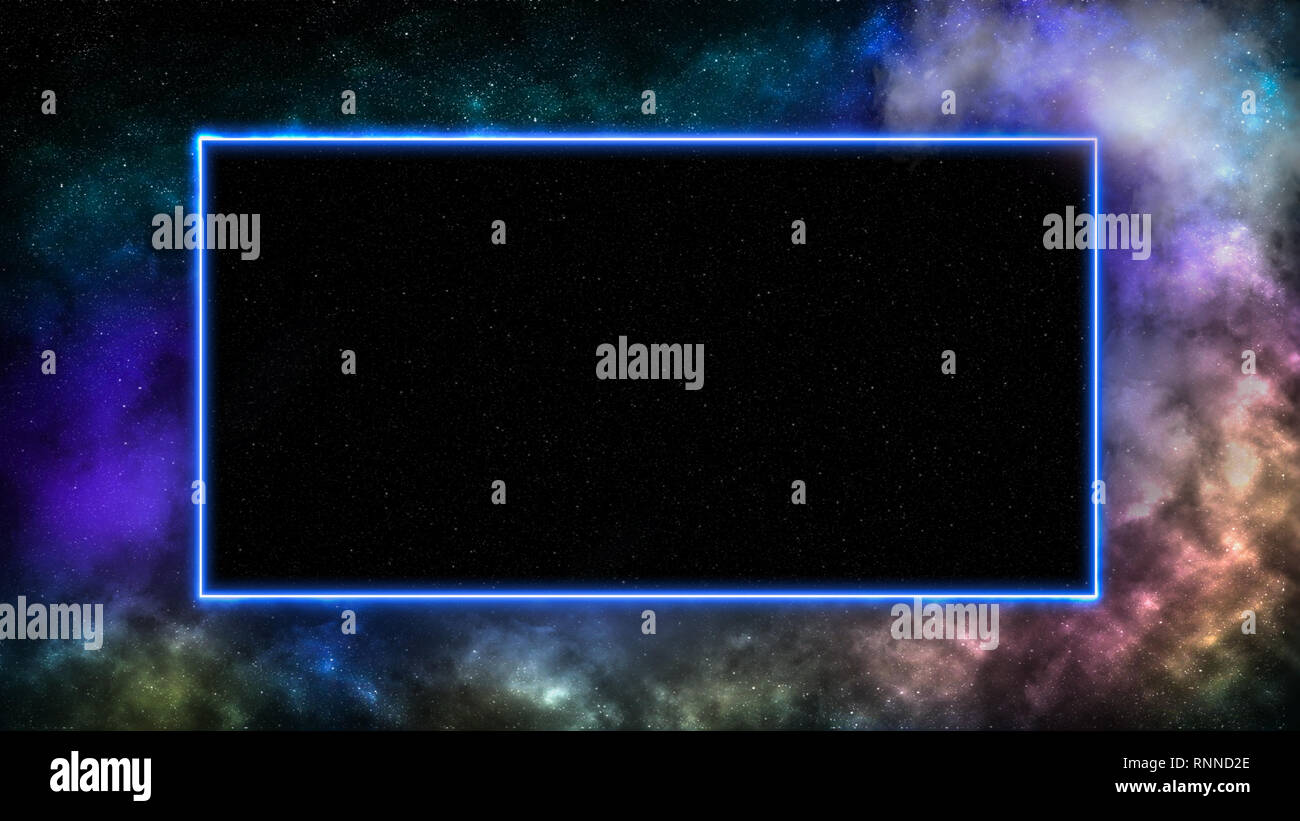Spazio esterno con sfondo galassie e stelle. Telaio per il testo o il display del prodotto realizzato di neon luci laser. Foto Stock