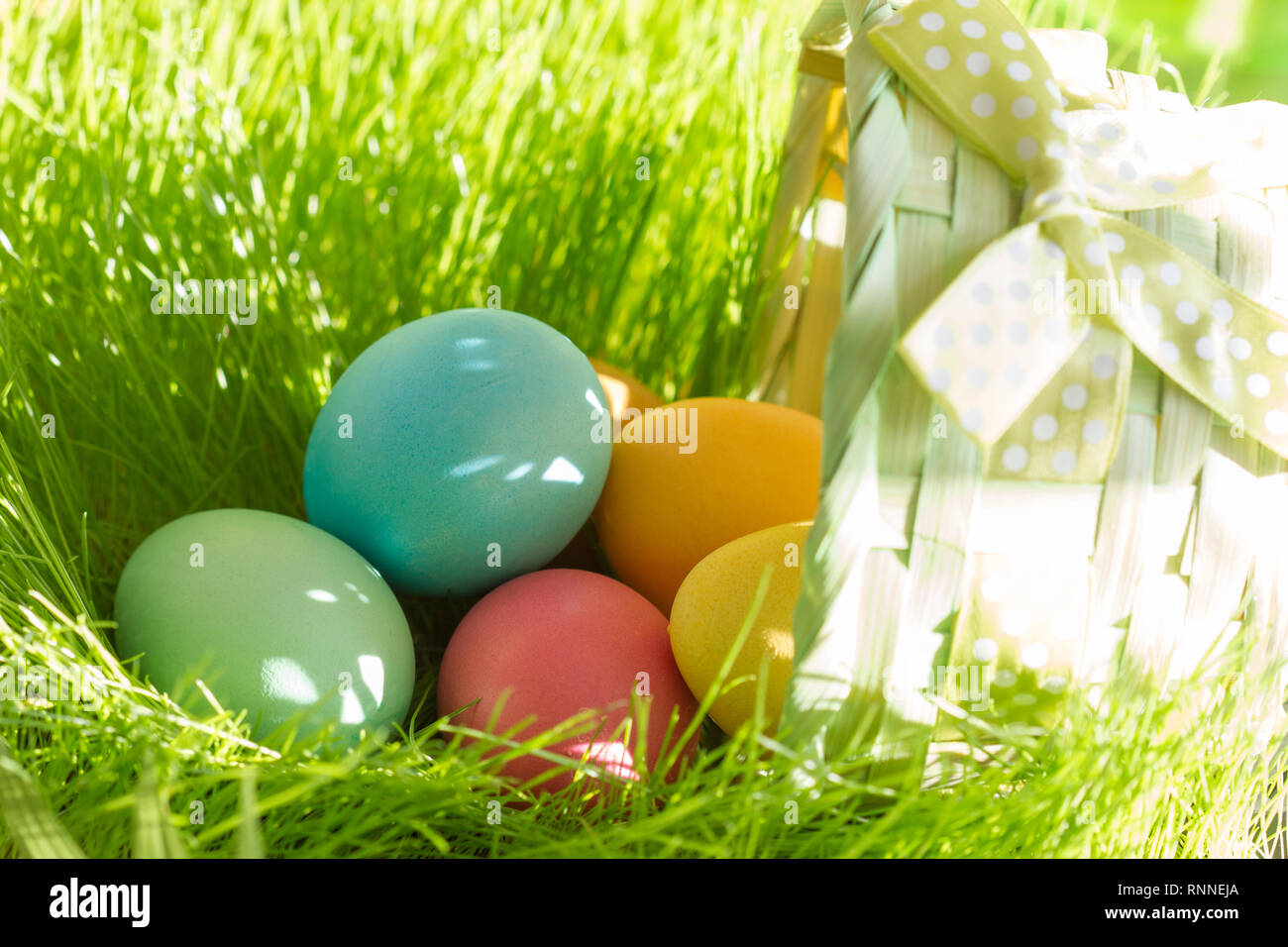 Colorate le uova di pasqua sul prato in erba e carrello Foto Stock