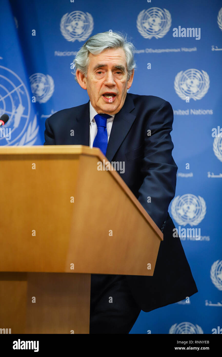 Organizzazione delle Nazioni Unite. 19 Feb, 2019. Gordon Brown, inviato speciale delle Nazioni Unite per l'istruzione globale nel corso di una conferenza stampa presso la sede delle Nazioni Unite a New York il Martedì, 19. (Foto: William Volcov / Brasile Photo Press) Credito: Brasile Photo Press/Alamy Live News Foto Stock