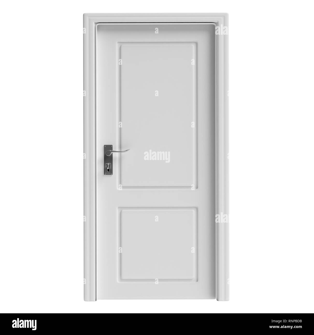 Bianco porta chiusa con decorazione intaglio isolato su sfondo bianco. 3d illustrazione Foto Stock