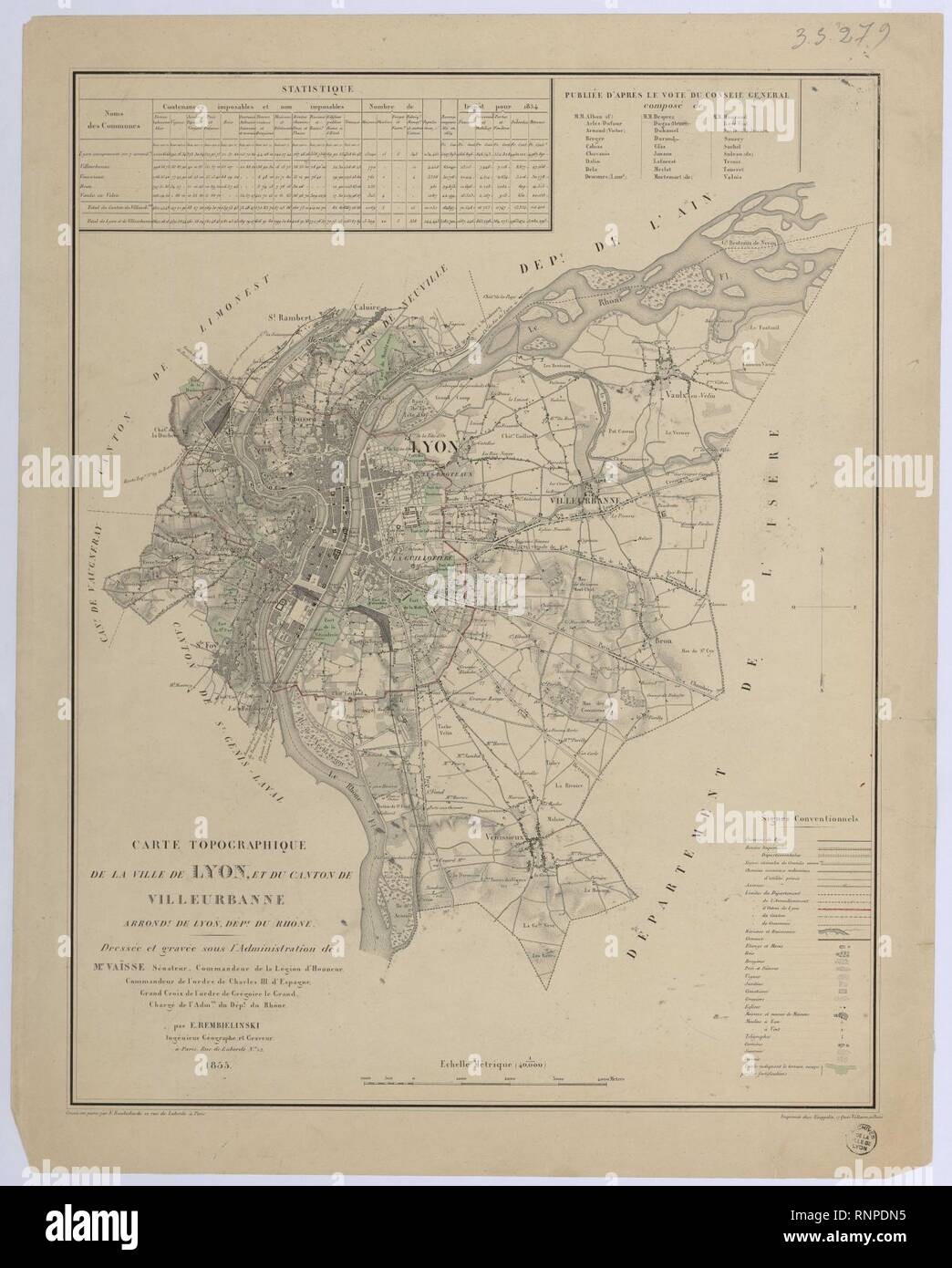Carte topographique de la ville de Lyon et du canton de Villeurbanne. Foto Stock