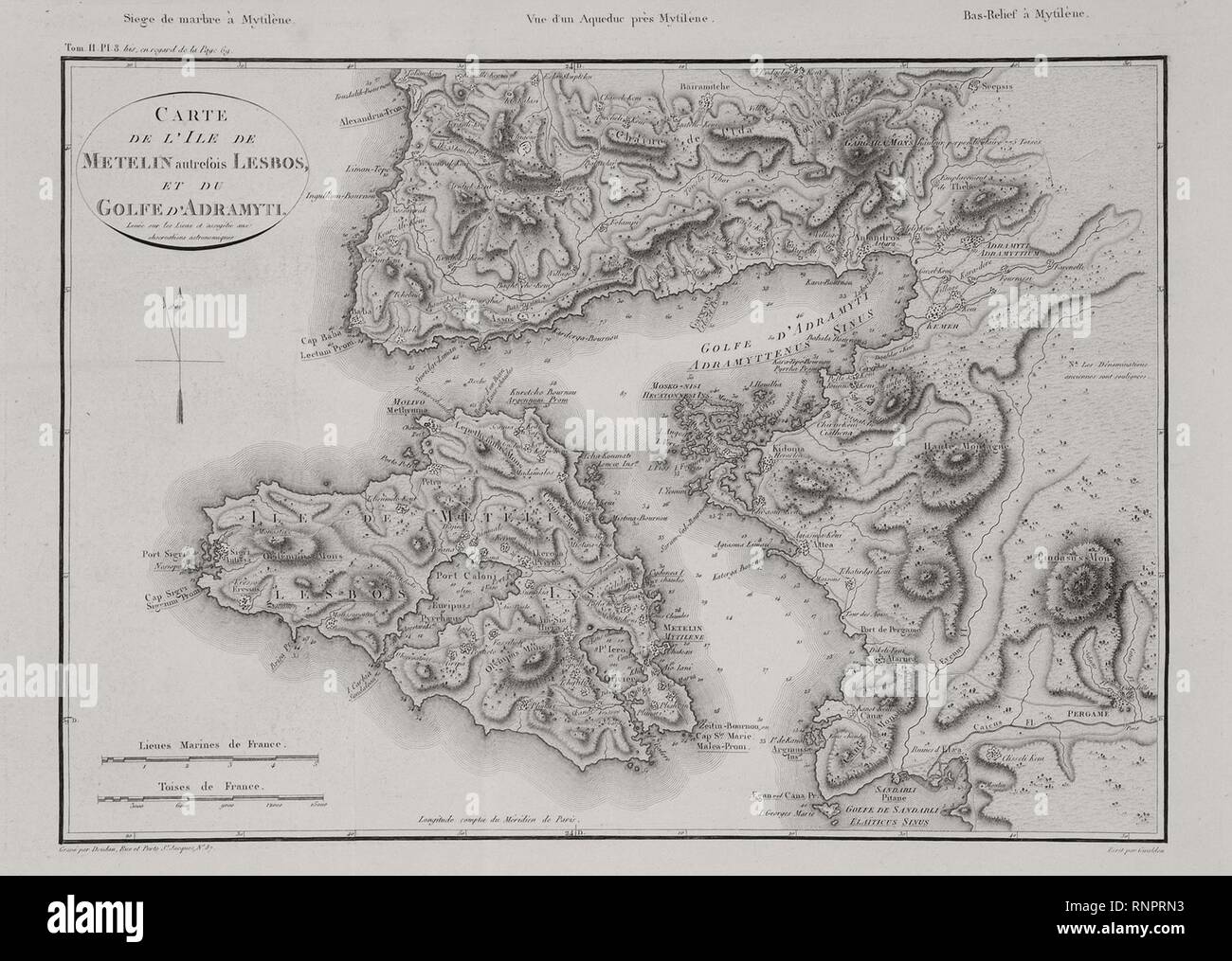 Carte de l'ile de Metelin autrefois Lesbo, et du Golfe d'Adramyti - Choiseul-gouffier Gabriel Florent Auguste De - 1809. Foto Stock