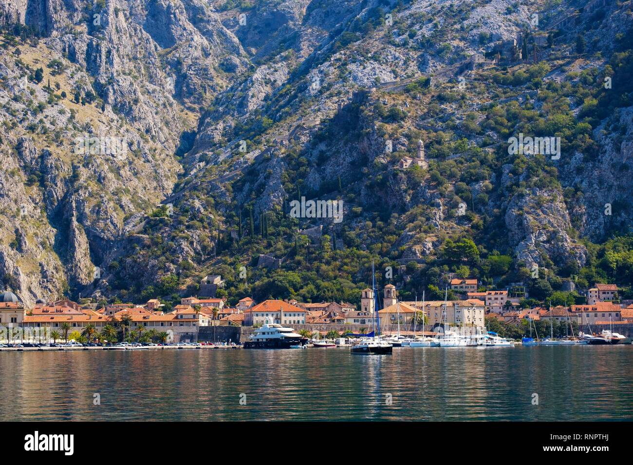Cattaro con fortezza di Sveti Ivan, Baia di Kotor, Montenegro Foto Stock