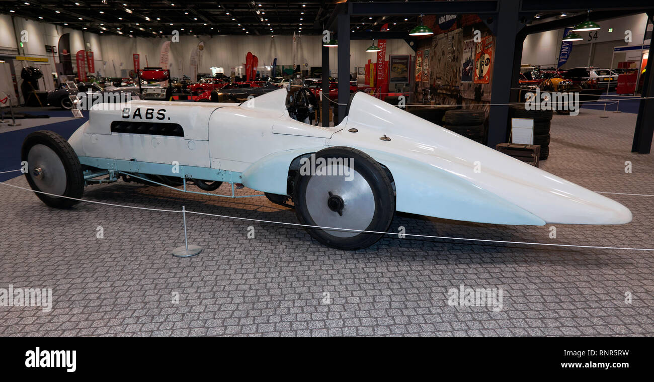 Vista laterale del BAB, un record di velocità su terra auto presso il 2019 London Classic Car Show, in una speciale "l'esigenza di velocità', display curata dalla Cina Edd. Foto Stock
