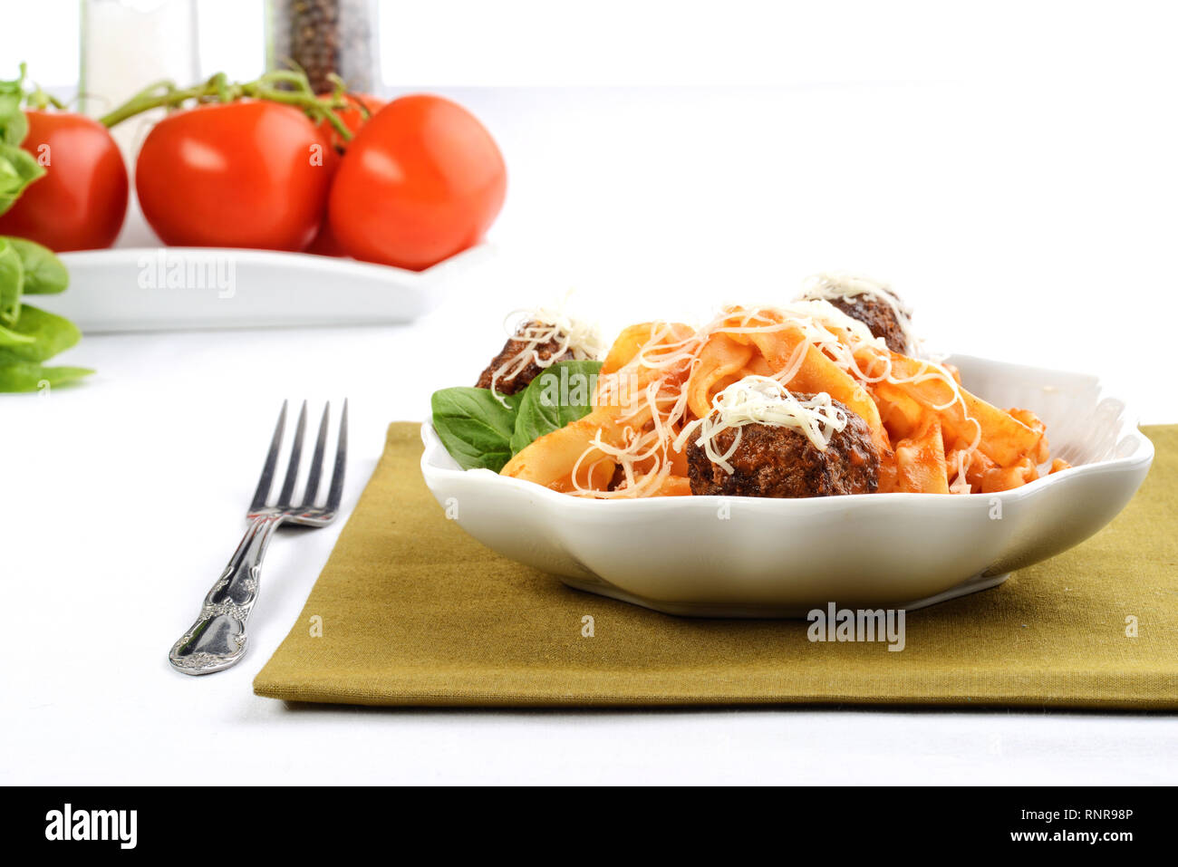 Primo piano di spaghetti e polpette di carne Foto Stock