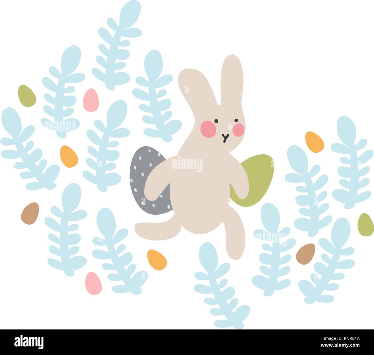 Le avventure di conigli pasquali, che cercano e nascondere le uova di vacanza. Pasqua elementi di design in stile minimalista di stile del vettore. Le illustrazioni per bambini Illustrazione Vettoriale