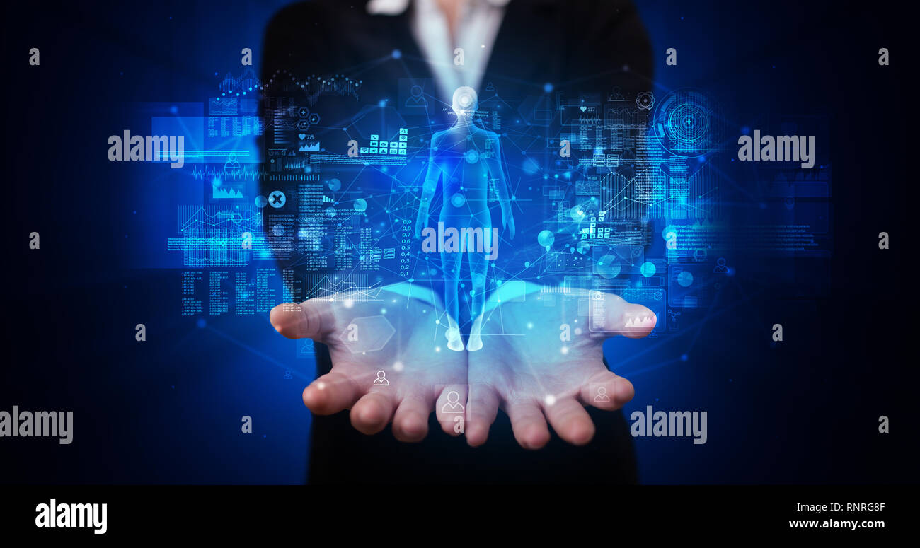 Giovane Azienda proiezione ologramma visualizzazione di salute relativi grafici e simboli Foto Stock