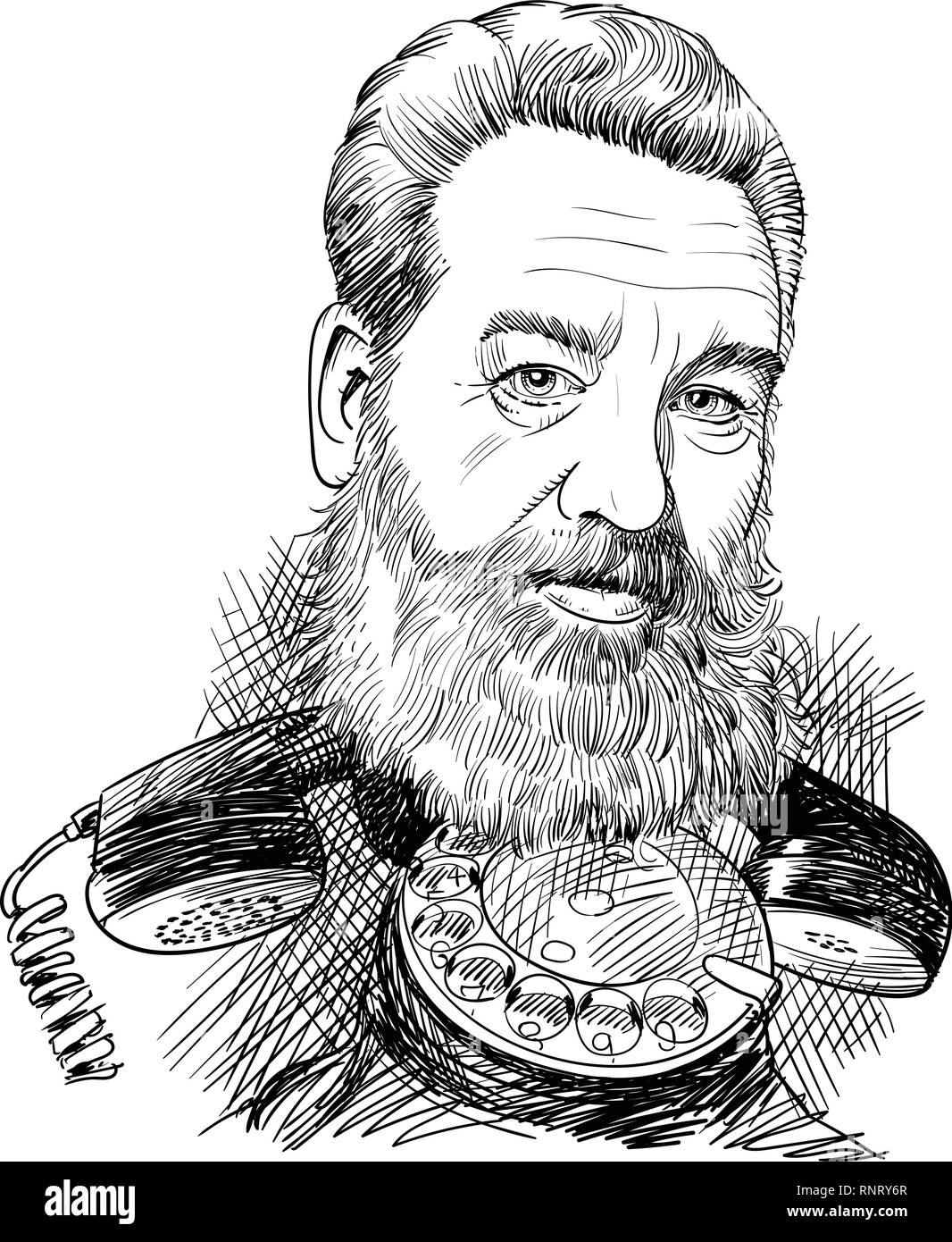 Alexander Graham Bell caricatura in linea tecnica su un antico ricevitore telefono. Illustrazione Vettoriale
