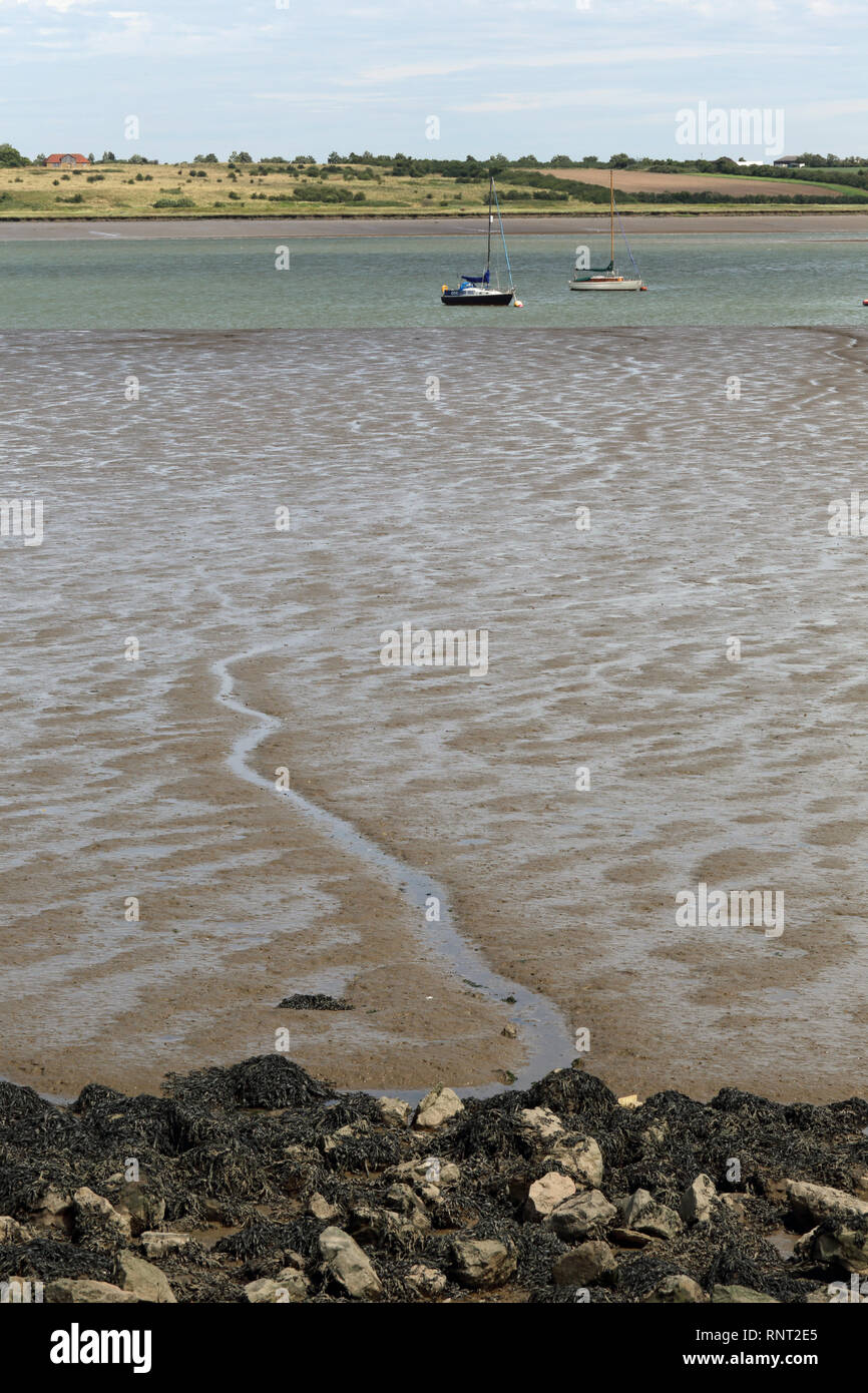 Isle of Sheppey visto attraverso la Swale vicino osono paludi riserva naturale, Kent, Regno Unito. Foto Stock