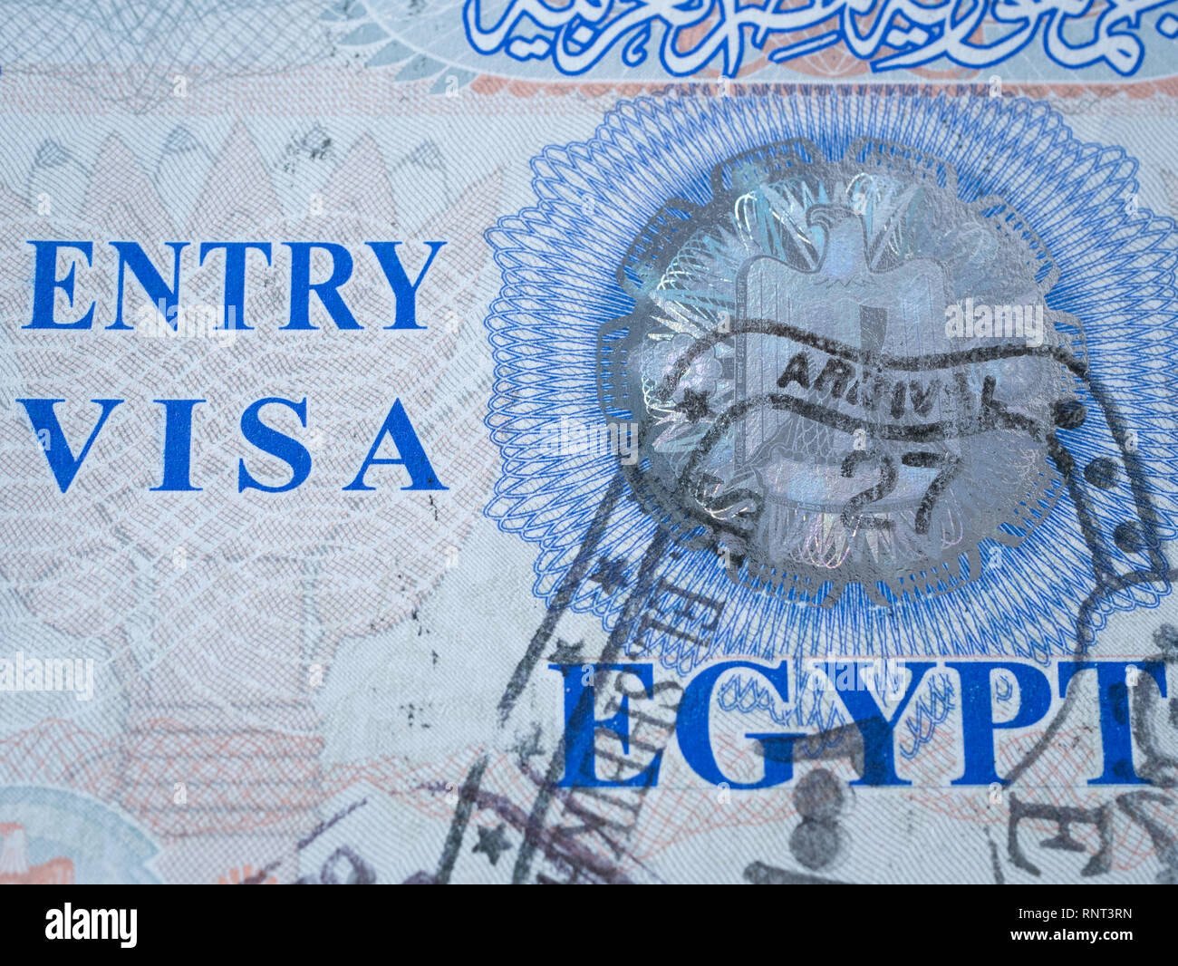 Macro Immagine egiziano di visa al passaporto internazionale Foto Stock