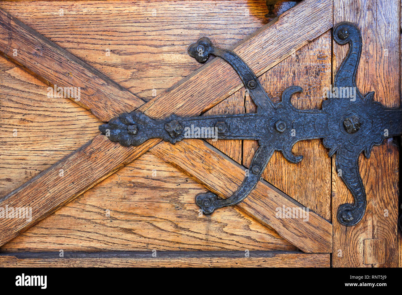 Porta di legno vicino fino a mano con cerniera in ferro. Dettagli architettonici sfondo. Foto Stock