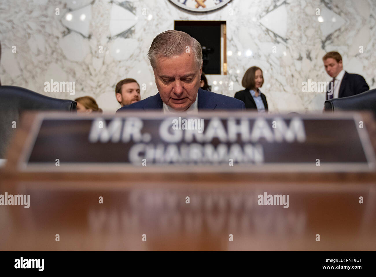 Il senatore Lindsey Graham, il repubblicano della Carolina del Sud, prende il suo posto prima di un Senato Comitato Giudiziario al Campidoglio di Washington il 16 gennaio 2019. Foto Stock